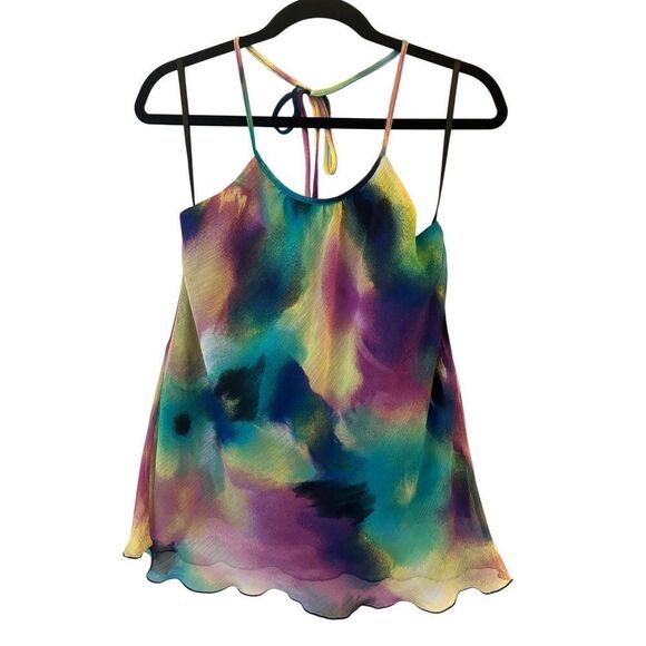 Y2K B. Wear Chiffon Halter Top sz L Water Color Tie-dye Whimsygoth Fairycore Pea - Picture 1 of 7